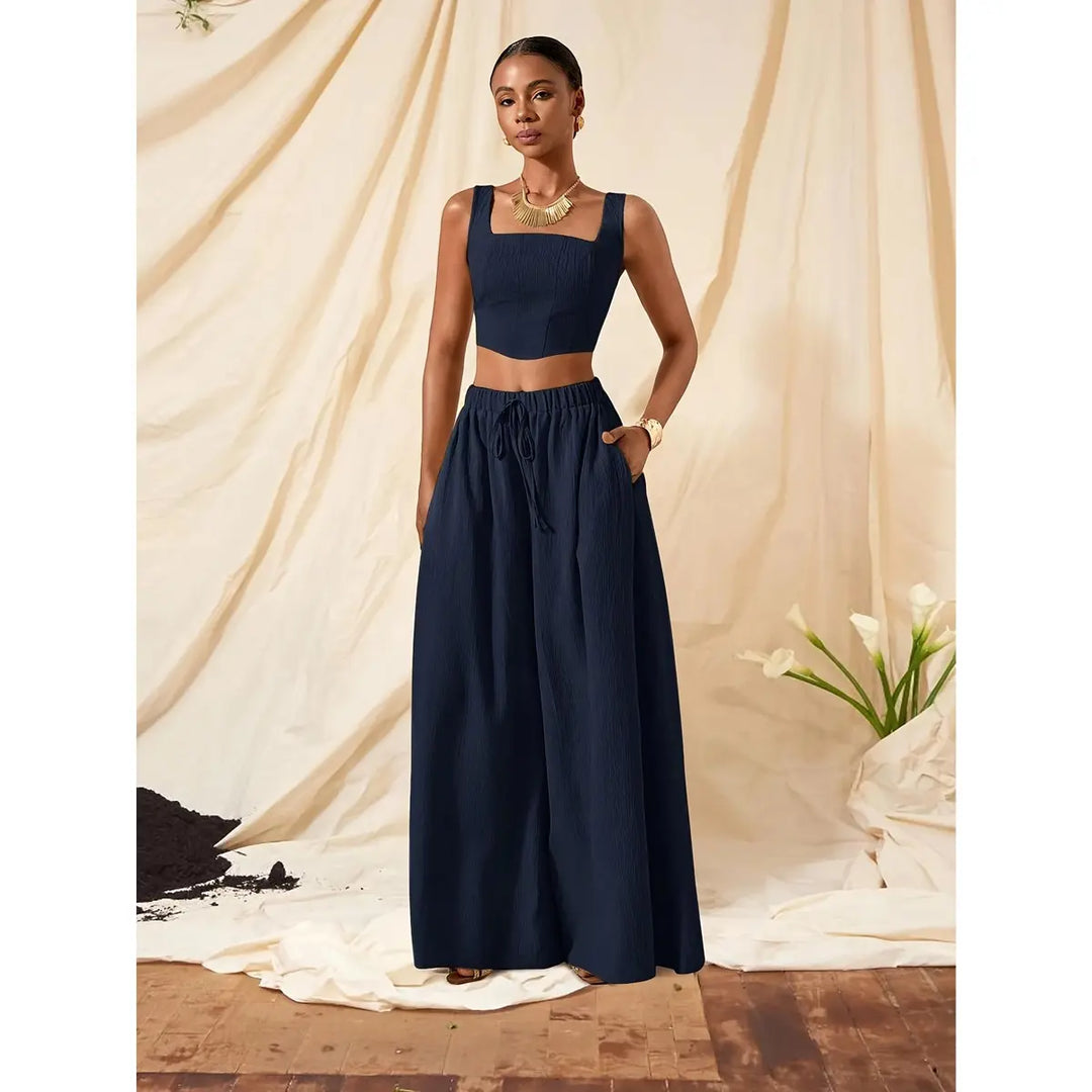 Women’s 2-Piece Set – Casual Fishbone Cami Top And Wide-Leg Pants with Pockets