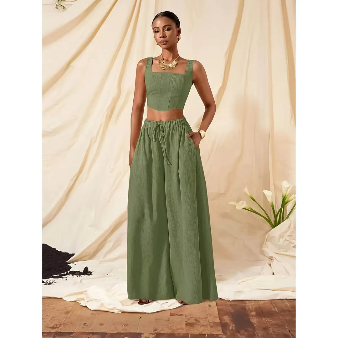 Women’s 2-Piece Set – Casual Fishbone Cami Top And Wide-Leg Pants with Pockets