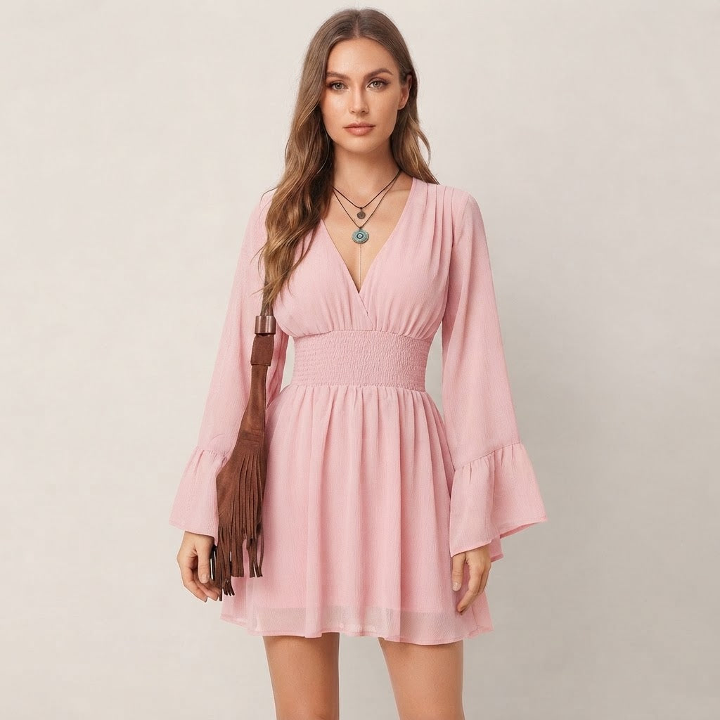 Women’s V-Neck Mini Dress – Long Flare Sleeve Smocked Waist