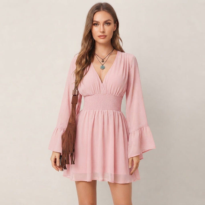 Women’s V-Neck Mini Dress – Long Flare Sleeve Smocked Waist