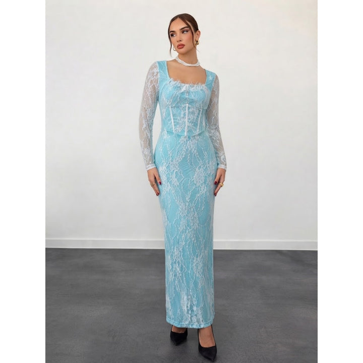 Women’s Lace Maxi Dress – Square Neck Long Sleeve Bodycon Dress