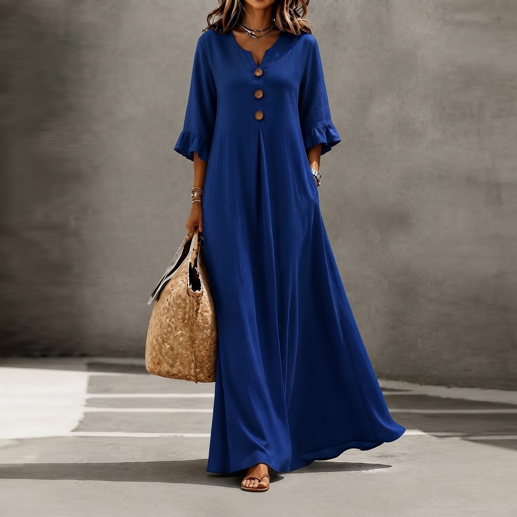 Women’s Solid Color Maxi Dress – V Neck with Pockets