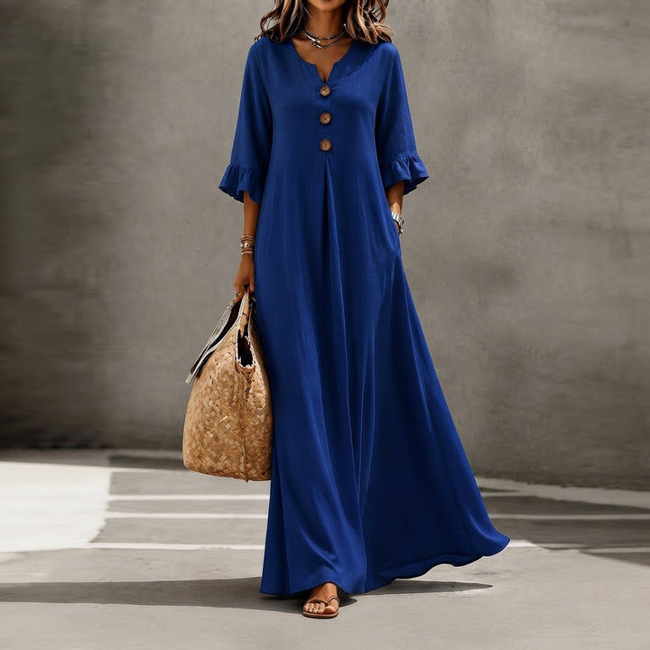 Women’s Solid Color Maxi Dress – V Neck with Pockets