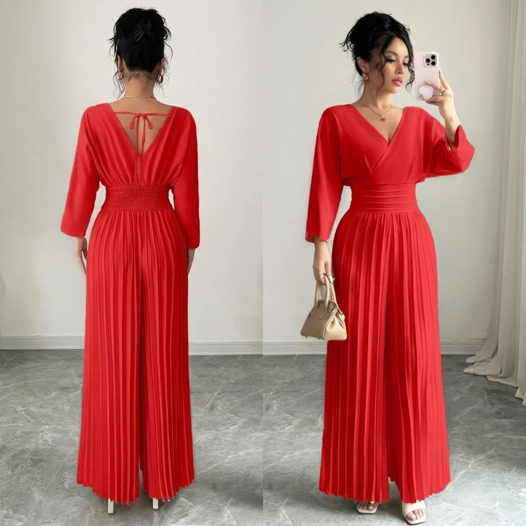 Women’s Elegant V-Neck Pleated Wide Leg Jumpsuit