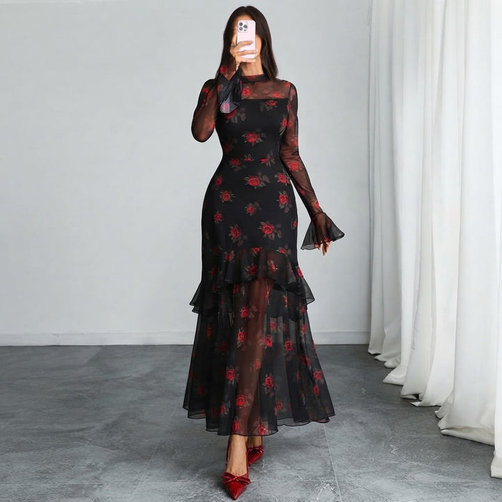 Women’s Floral Print Maxi Dress – Ruffle Sleeve, Sheer Mesh & Flowy Hem