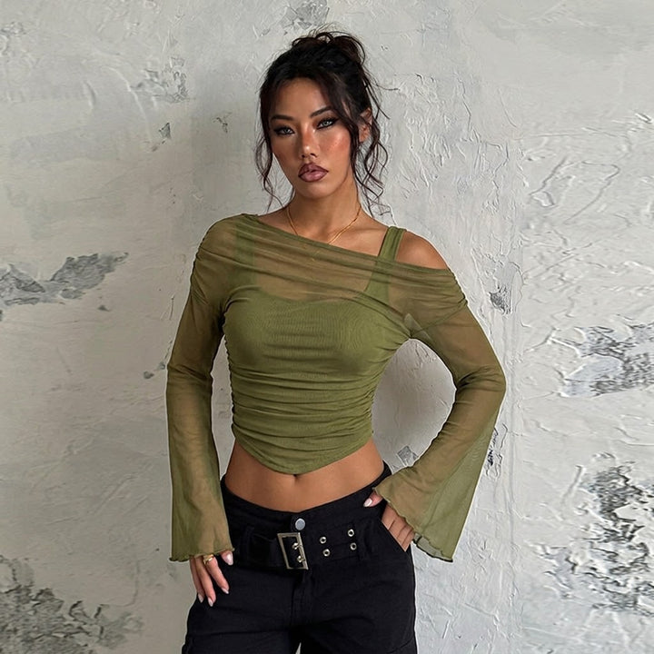 Women’s Off-Shoulder Ruched Mesh Top