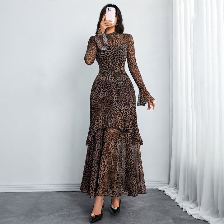 Women’s Floral Print Maxi Dress – Ruffle Sleeve, Sheer Mesh & Flowy Hem