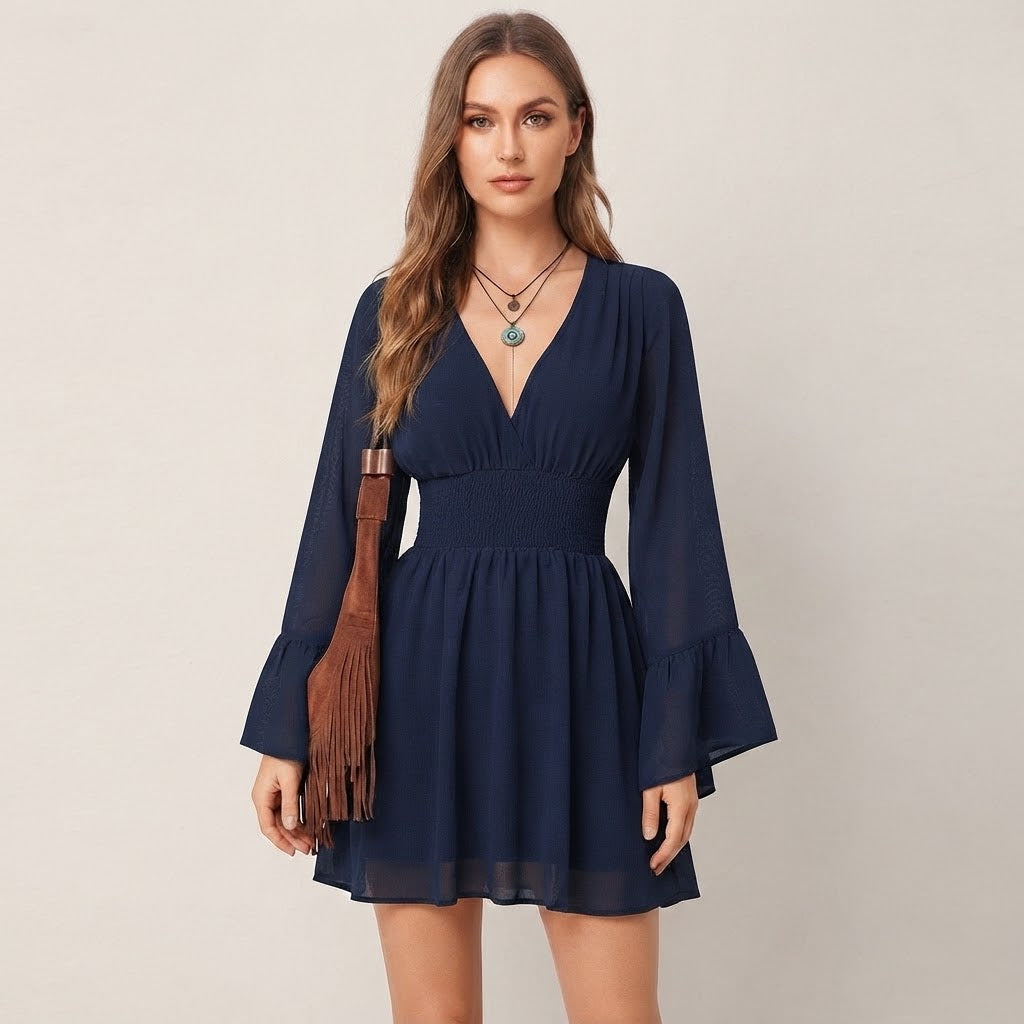 Women’s V-Neck Mini Dress – Long Flare Sleeve Smocked Waist