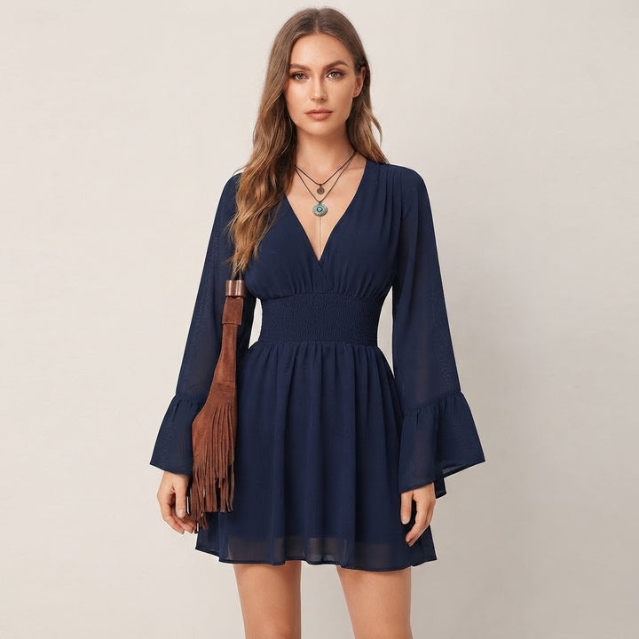 Women’s V-Neck Mini Dress – Long Flare Sleeve Smocked Waist