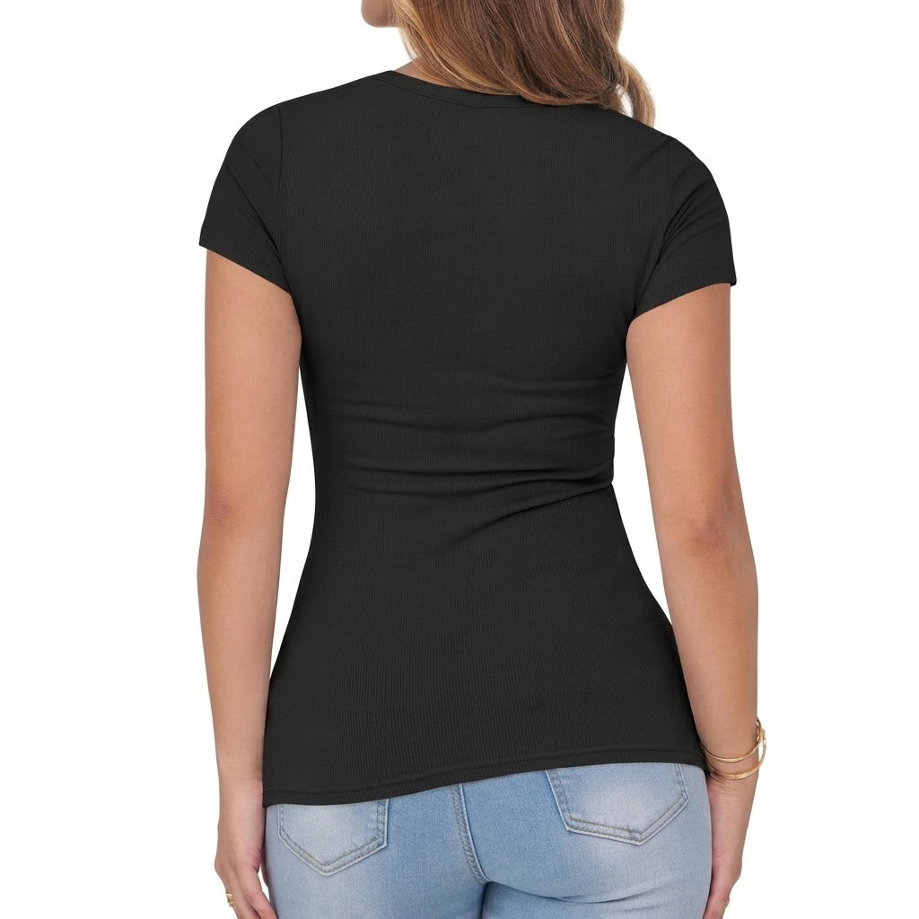 Women’s Slim Fit Ribbed Short Sleeve V-Neck Top