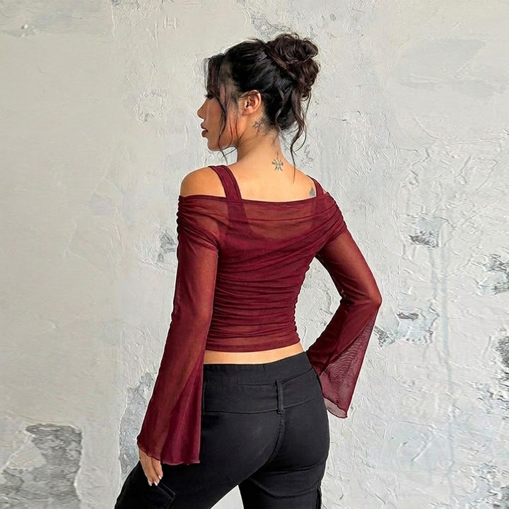 Women’s Off-Shoulder Ruched Mesh Top