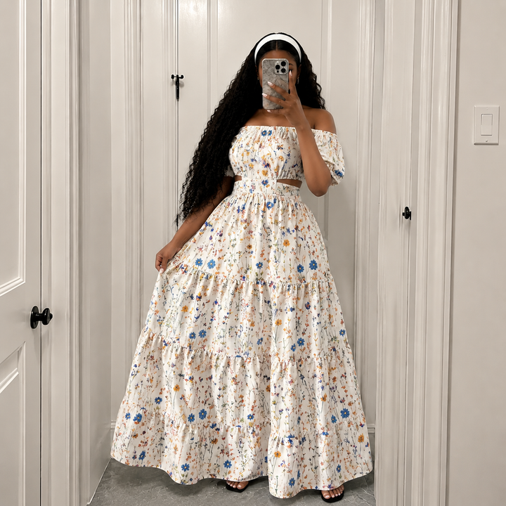 Boho Off-Shoulder Embroidered Maxi Dress