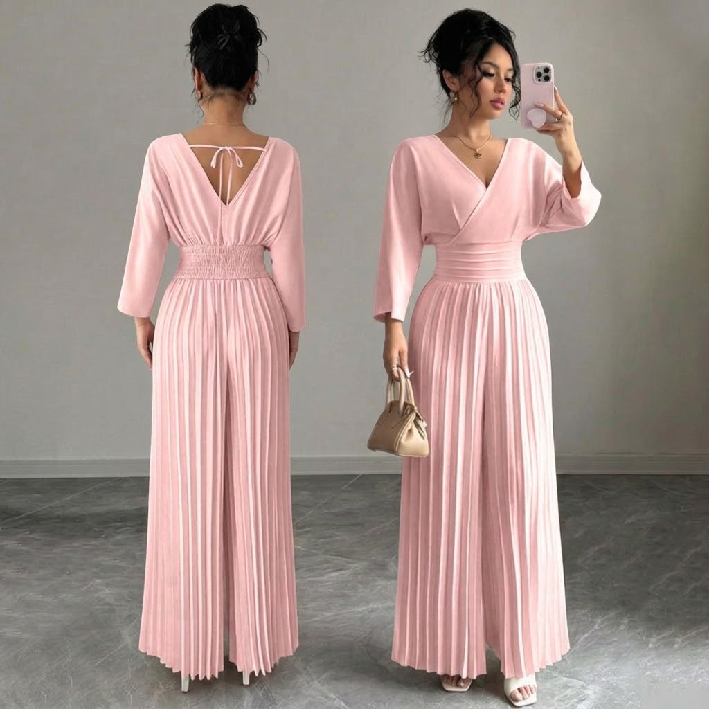 Women’s Elegant V-Neck Pleated Wide Leg Jumpsuit