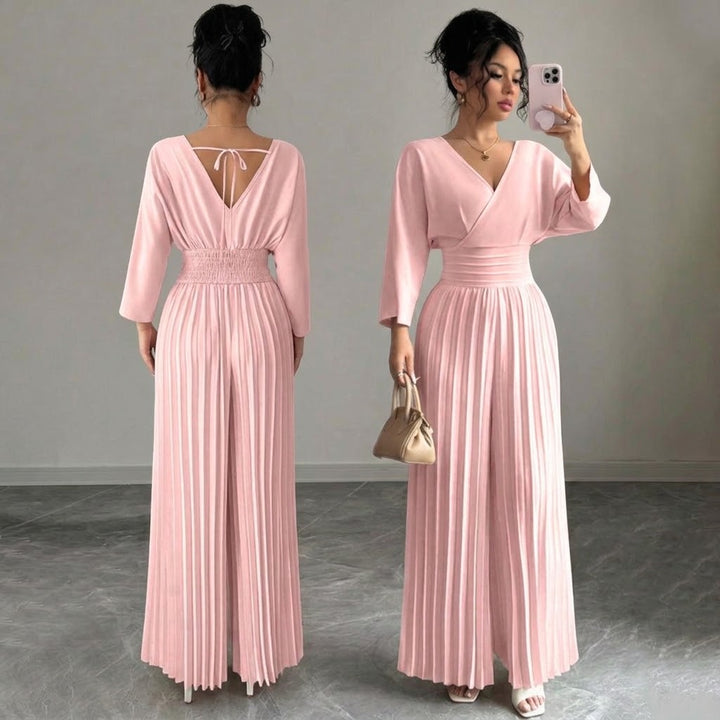Women’s Elegant V-Neck Pleated Wide Leg Jumpsuit