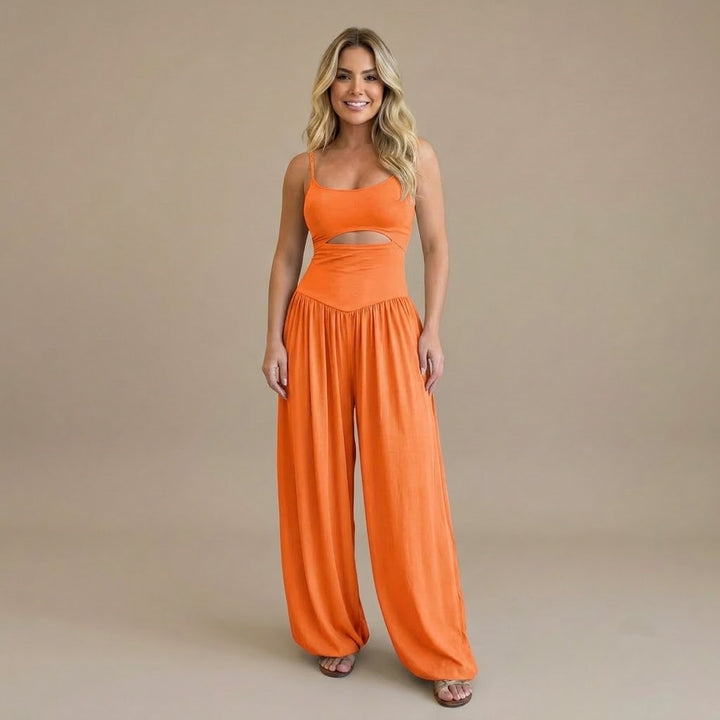 Women’s Cut Out Wide Leg Jumpsuit – Sleeveless Spaghetti Strap Casual Romper