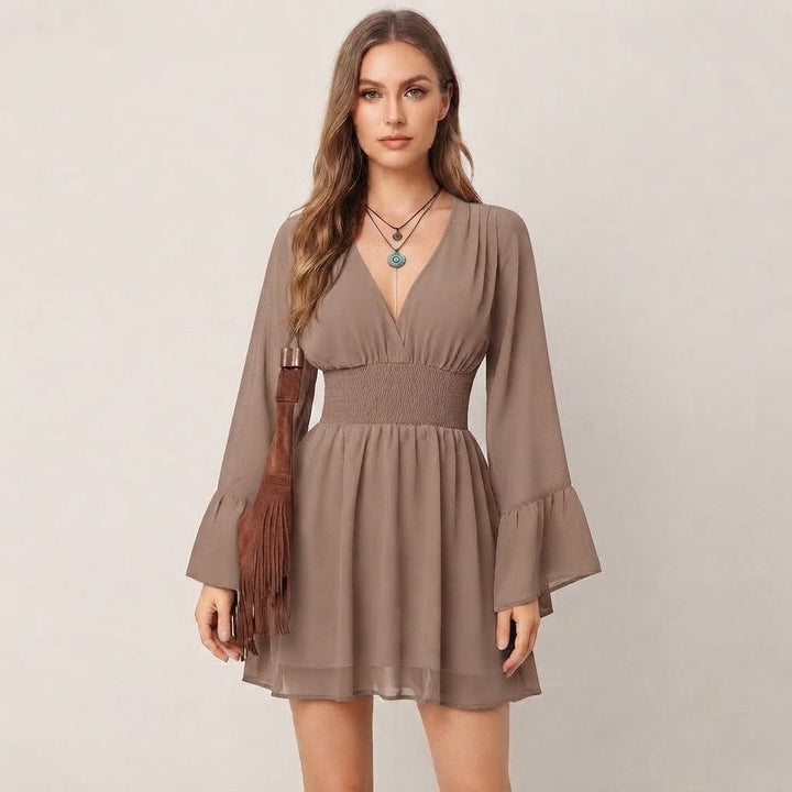 Women’s V-Neck Mini Dress – Long Flare Sleeve Smocked Waist
