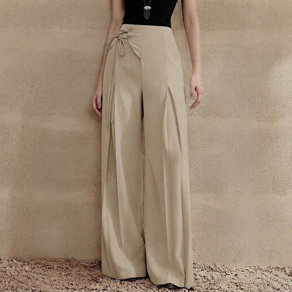Women’s High Waisted Wide Leg Pants – Tie Waist with Elegant Draped Fit