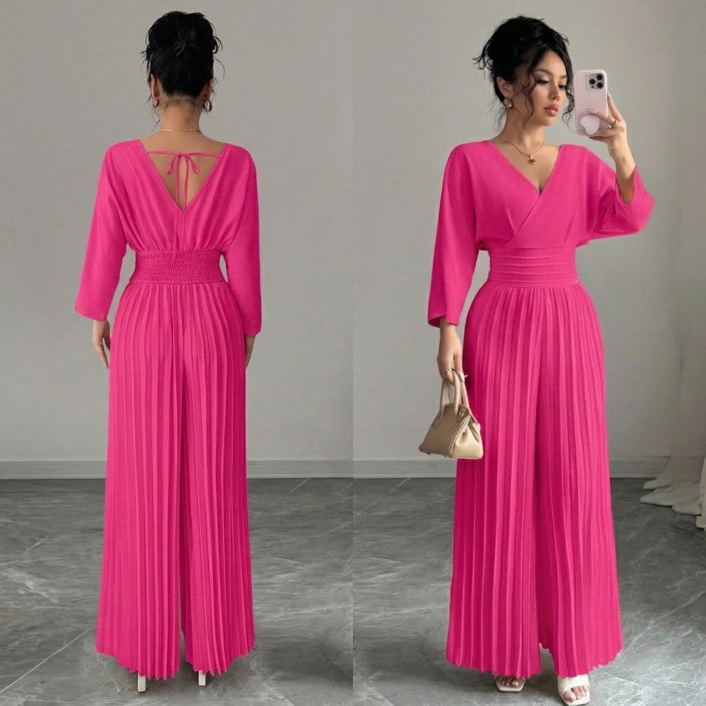 Women’s Elegant V-Neck Pleated Wide Leg Jumpsuit