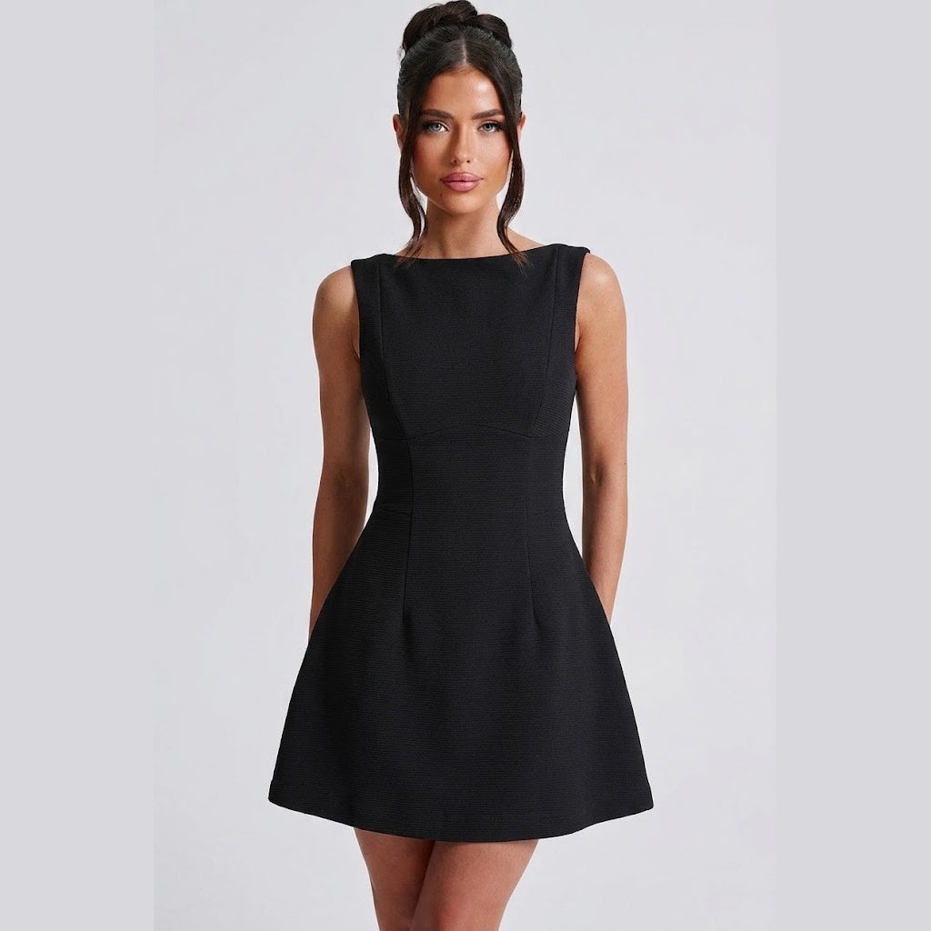 Women's Basic Solid Backless Boat Neck Tank A-line Dress
