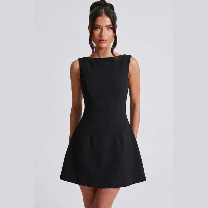 Women's Basic Solid Backless Boat Neck Tank A-line Dress