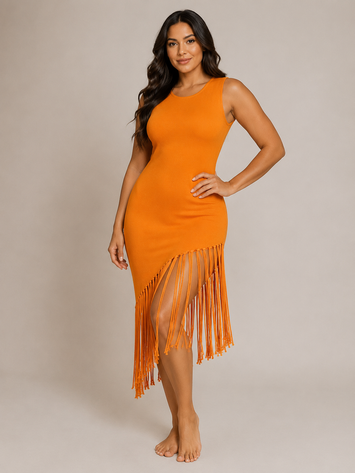 Knit Fringe Dress – Sleeveless Bodycon Tassel Dress