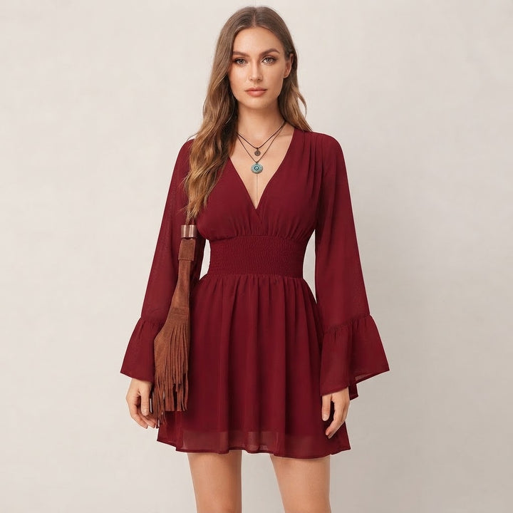 Women’s V-Neck Mini Dress – Long Flare Sleeve Smocked Waist
