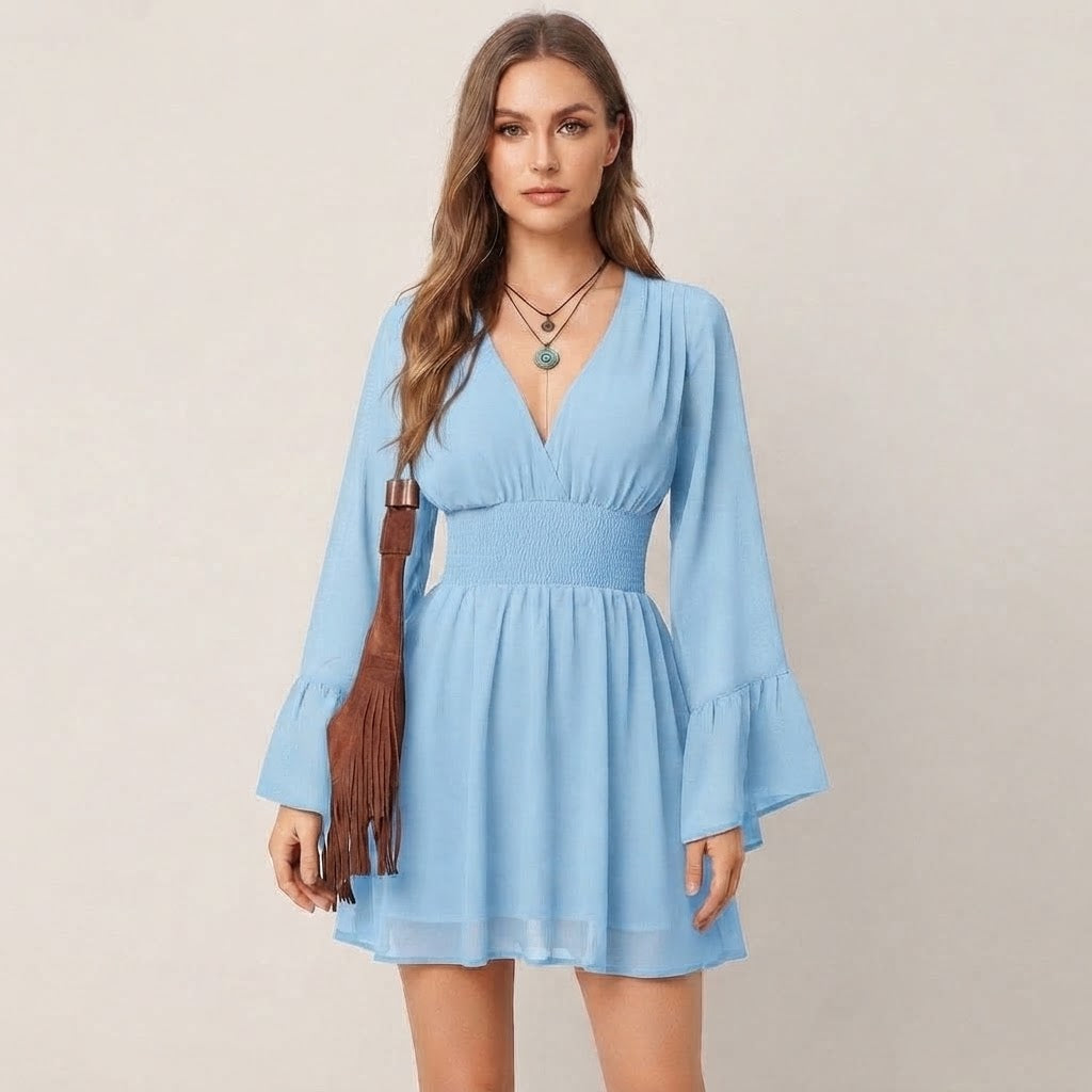 Women’s V-Neck Mini Dress – Long Flare Sleeve Smocked Waist