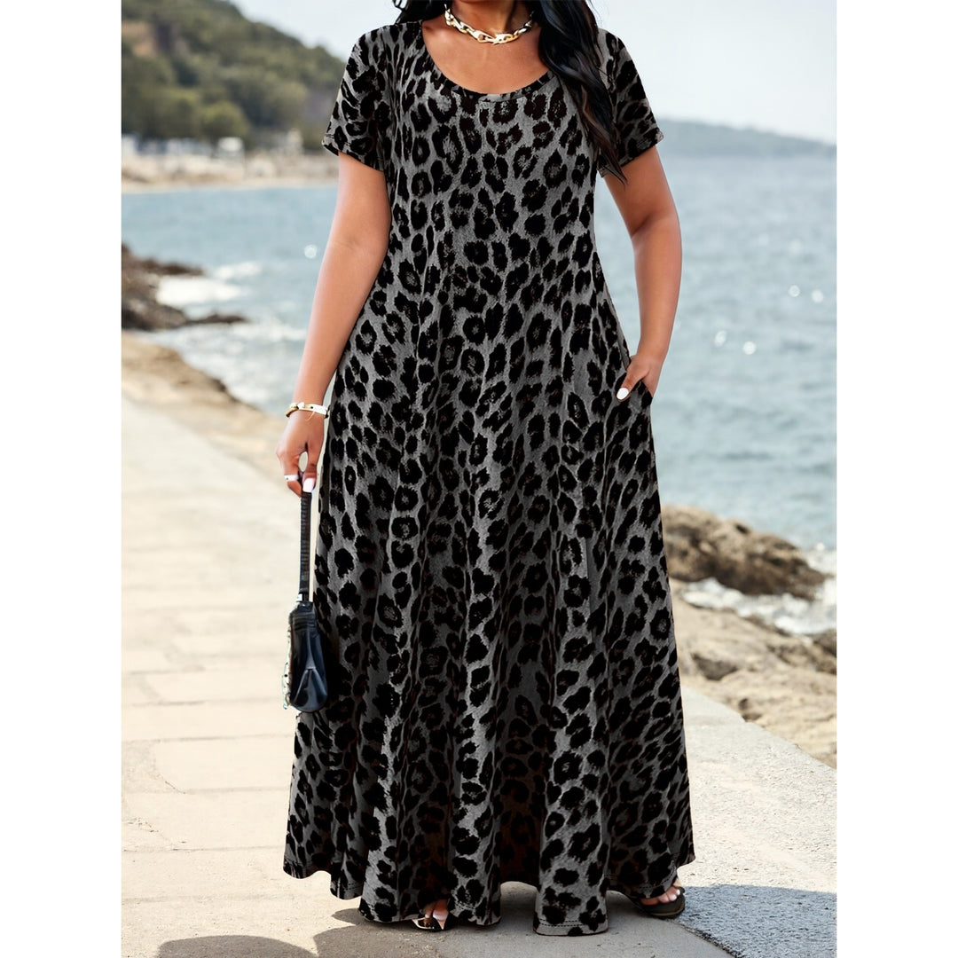 Women’s Plus Size Leopard Print Maxi Dress – Short Sleeve A-Line Dress with Pockets