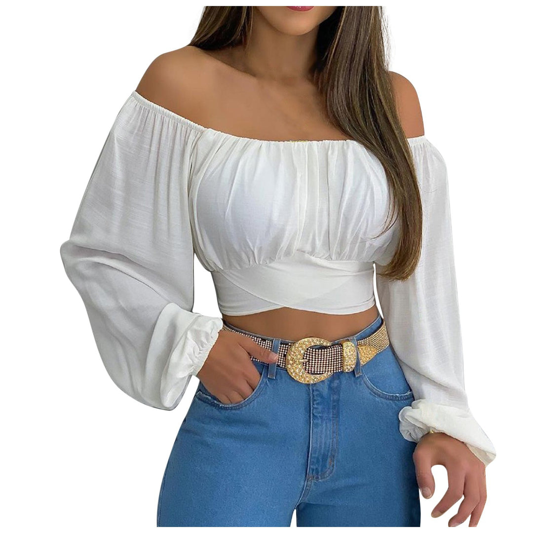 Women’s Long Sleeve Wrap Crop Top – Off-Shoulder V-Neck Cross Front Tie Top