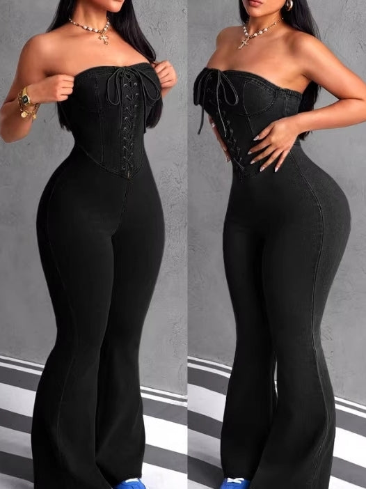 Women’s Strapless High Waist Denim Flare Jumpsuit