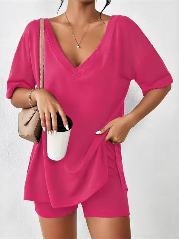 Casual Matching Outfit - Stretchy Deep V Neck Loose Fit Top & Pocket Shorts
