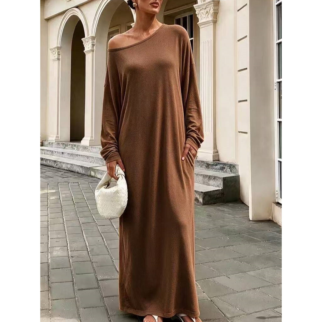 Women’s Off Shoulder Maxi Dress – Loose Fit Long Sleeve Pocket