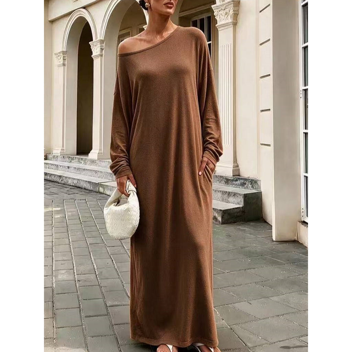 Women’s Off Shoulder Maxi Dress – Loose Fit Long Sleeve Pocket