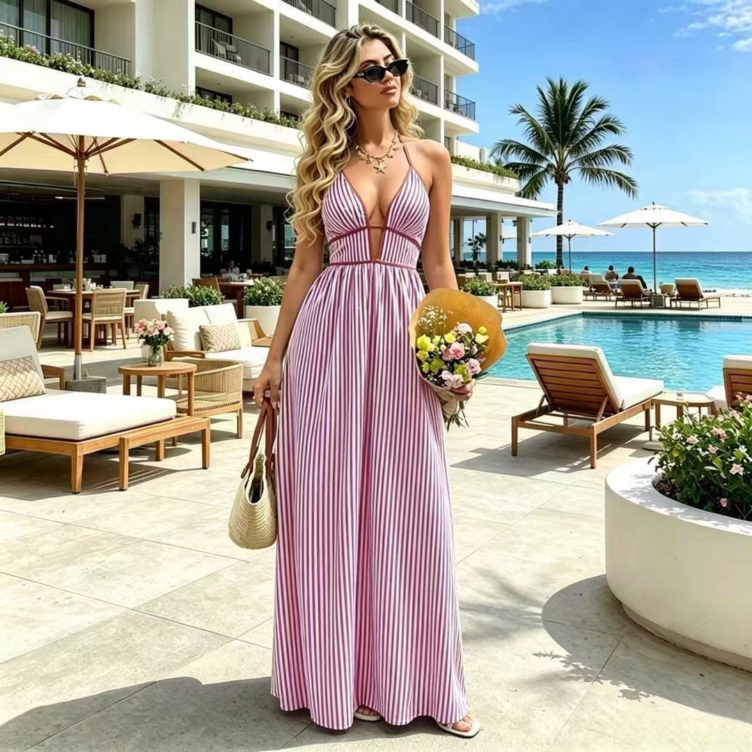 Elegant Sexy Women's Striped Halter Neck Maxi Dress