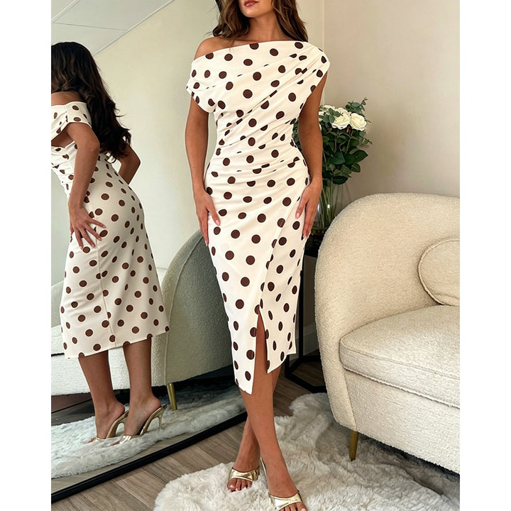 Women’s Polka Dot Midi Dress – Asymmetrical Ruched Bodycon Dress with Side Slit