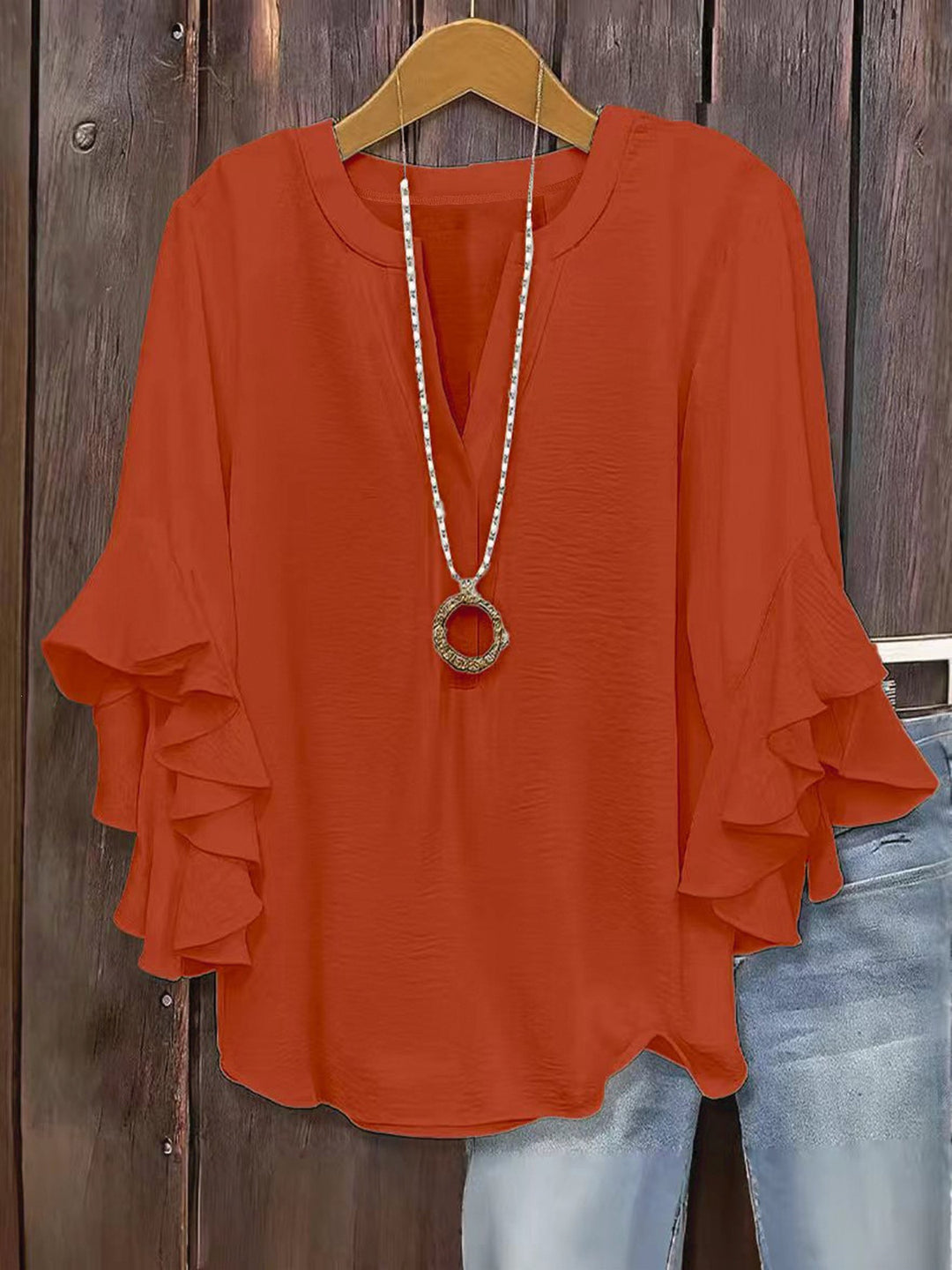Women’s Solid Color Ruffle Sleeve Blouse