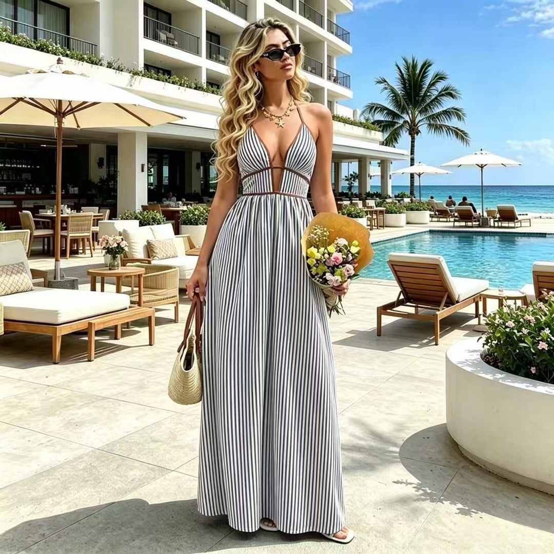 Elegant Sexy Women's Striped Halter Neck Maxi Dress