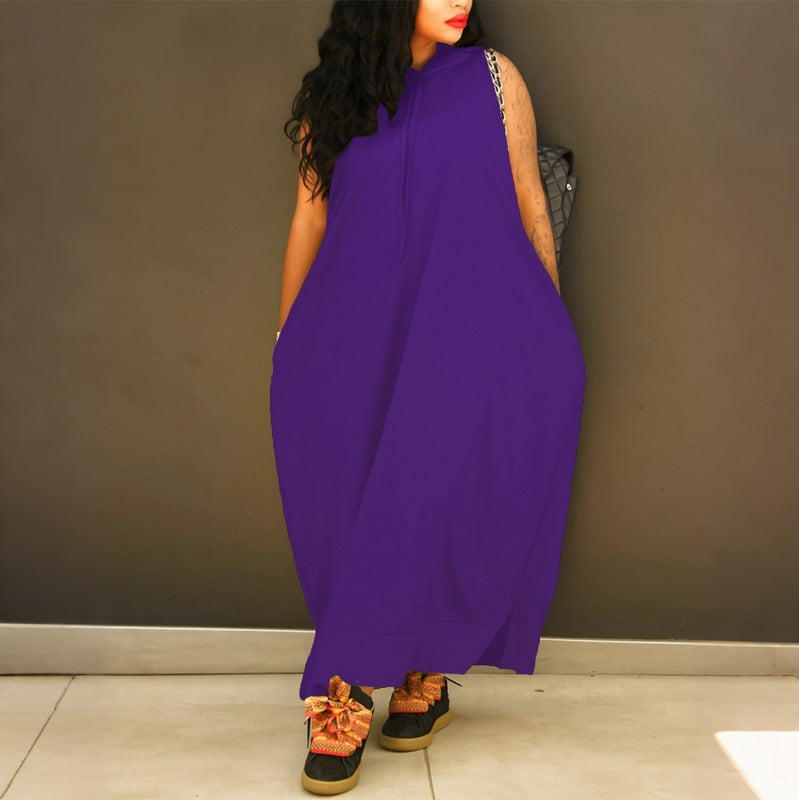 Women’s Hooded Sleeveless Maxi Dress – with Pocket