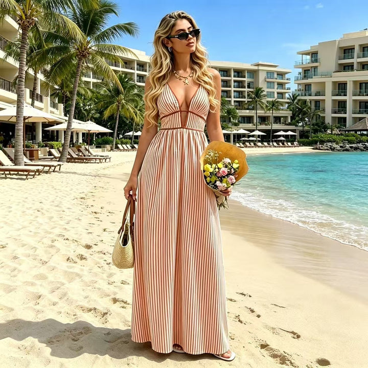 Elegant Sexy Women's Striped Halter Neck Maxi Dress
