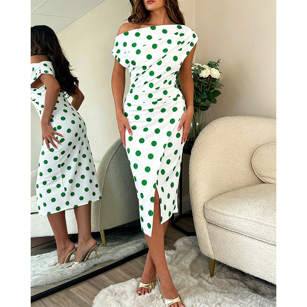 Women’s Polka Dot Midi Dress – Asymmetrical Ruched Bodycon Dress with Side Slit