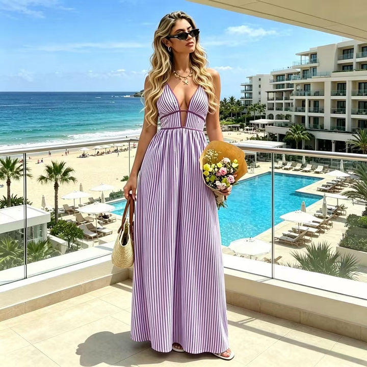 Elegant Sexy Women's Striped Halter Neck Maxi Dress