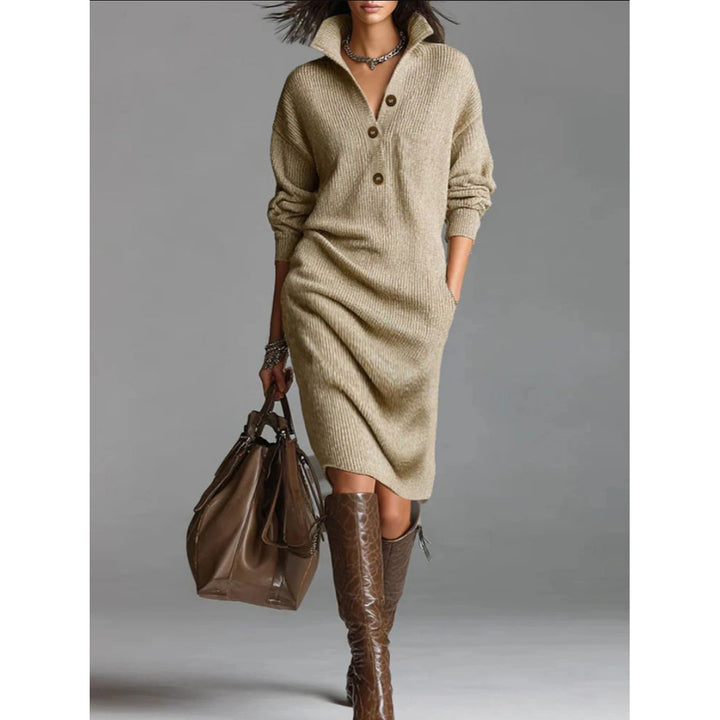 Women’s Button-Up Mock Neck Ribbed Knit Midi Dress(S-5XL)