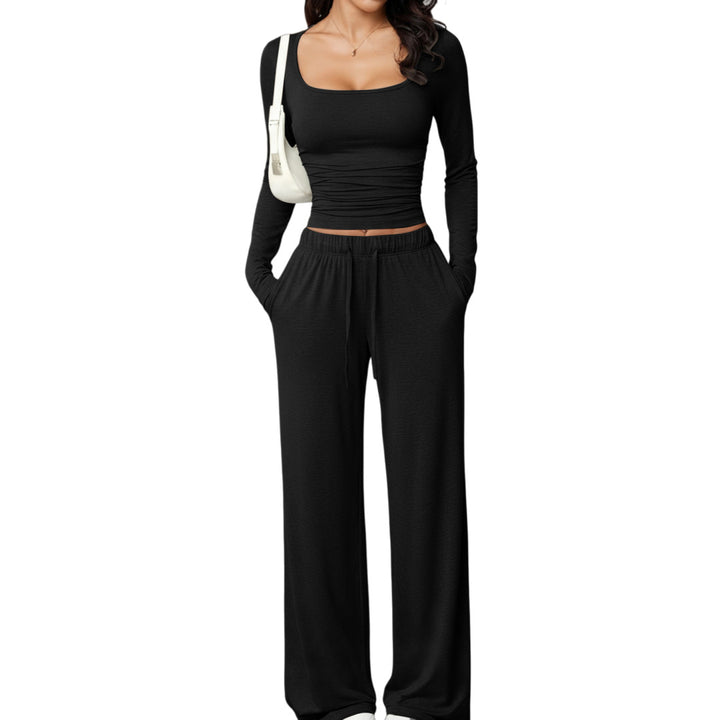 Women’s Square Neck Lounge Set – Long Sleeve Top & Wide Leg Pants 2-Piece Casual Outfit