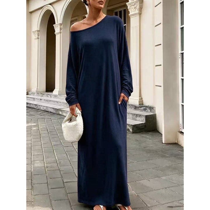 Women’s Off Shoulder Maxi Dress – Loose Fit Long Sleeve Pocket