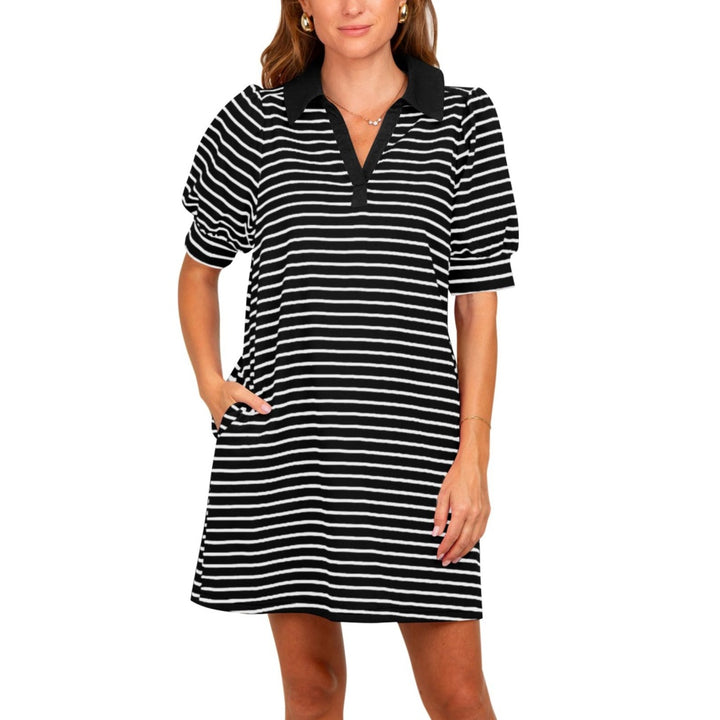 Women’s Striped Polo Shirt Dress –Short Sleeves & Side Pockets