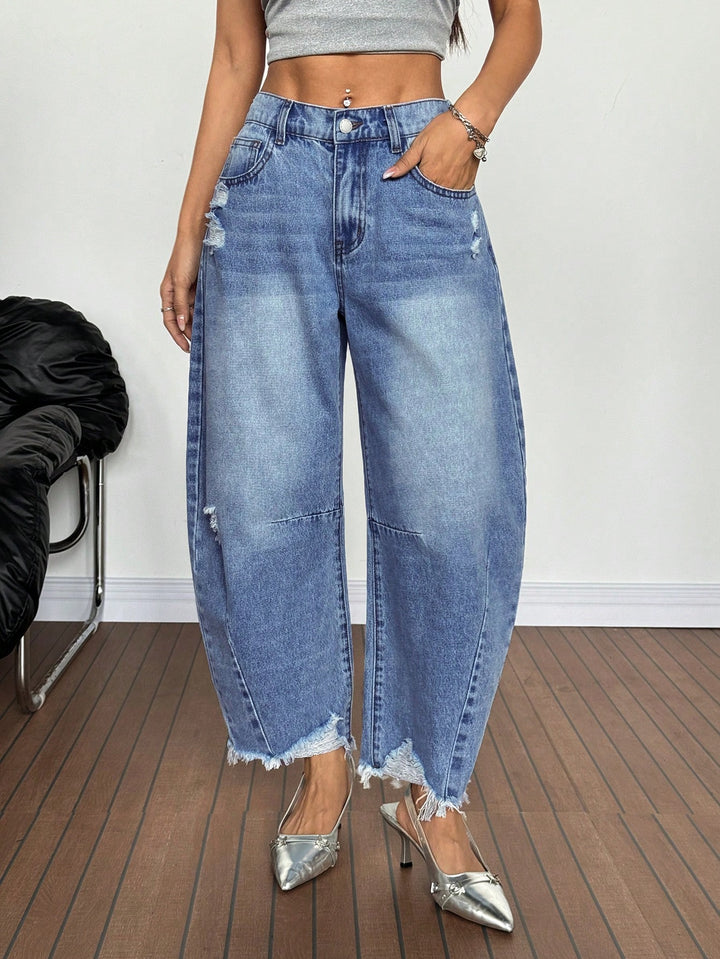 High Waist Frayed Wide Leg Jeans