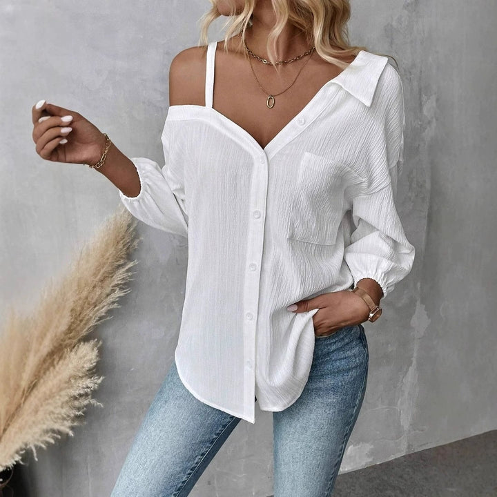 Women’s Off-Shoulder Textured Button-Up Blouse