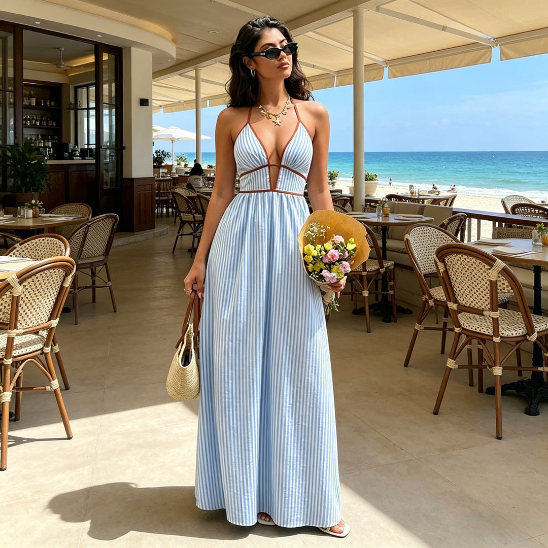 Elegant Sexy Women's Striped Halter Neck Maxi Dress