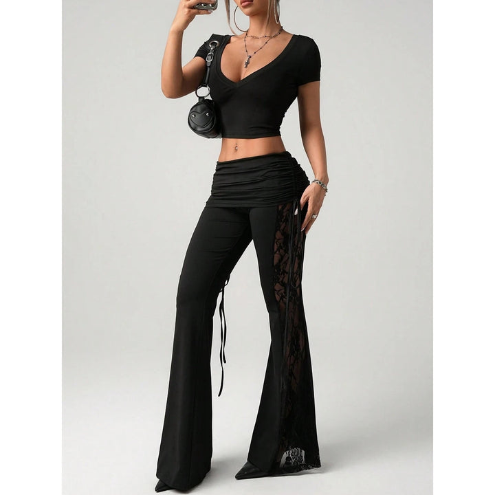 Women’s Lace Panel Flare Pants – with Sheer Lace Detail