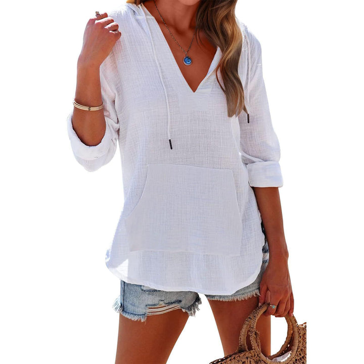 Women's Relaxed V Neck Drawstring Hooded Top